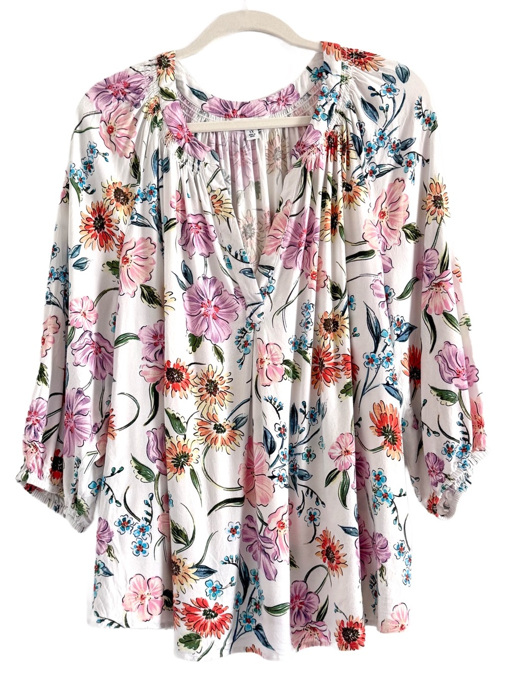 crown & ivy White Floral Peasant Tunic with Pink & Coral Blooms